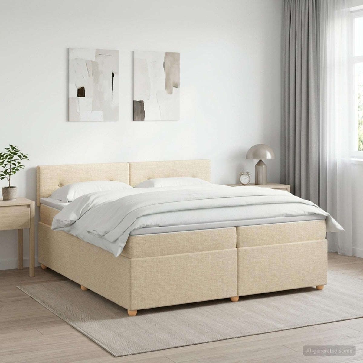 vidaXL Łóżko kontynentalne z materacem kremowy 200 x 200 cm tkanina