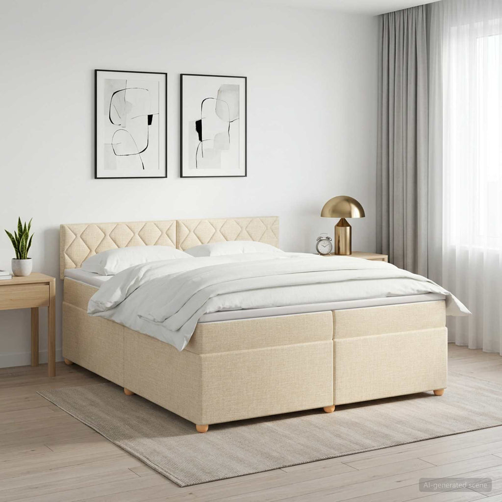 vidaXL Łóżko kontynentalne z materacem kremowy 200 x 200 cm tkanina