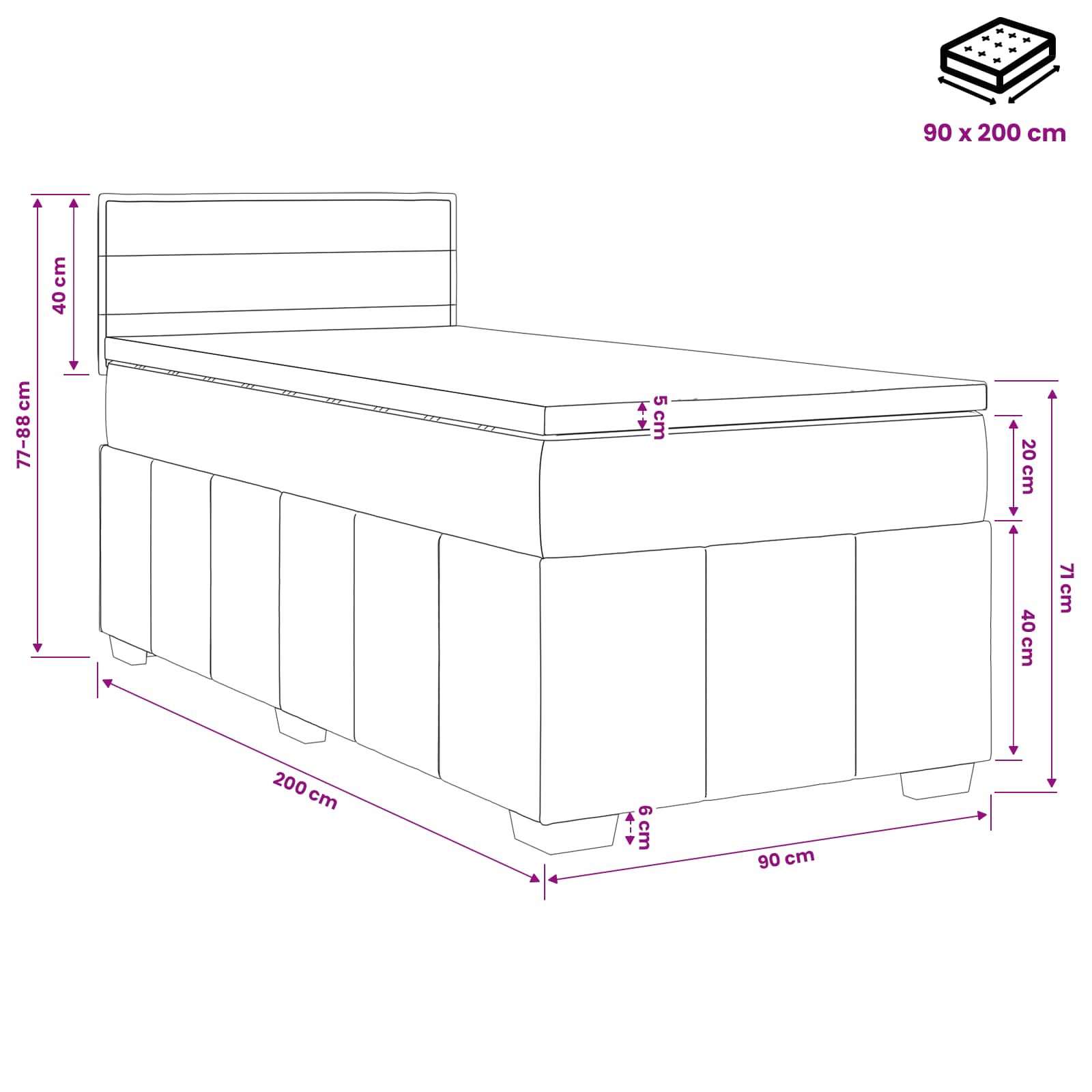 vidaXL Łóżko kontynentalne z materacem Czarny 90 x 200 cm tkanina