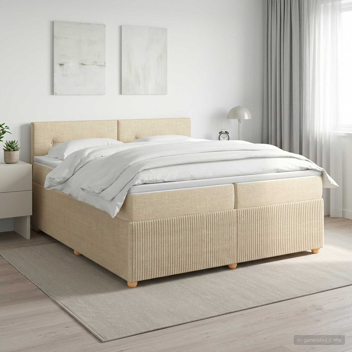 vidaXL Łóżko kontynentalne z materacem kremowy 200 x 200 cm tkanina