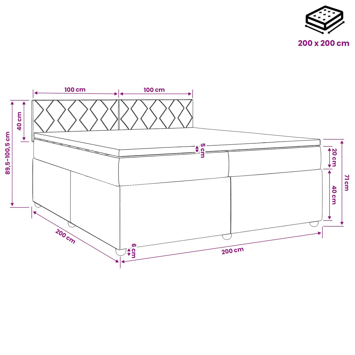 vidaXL Łóżko kontynentalne z materacem Ciemnoszary 200 x 200 cm