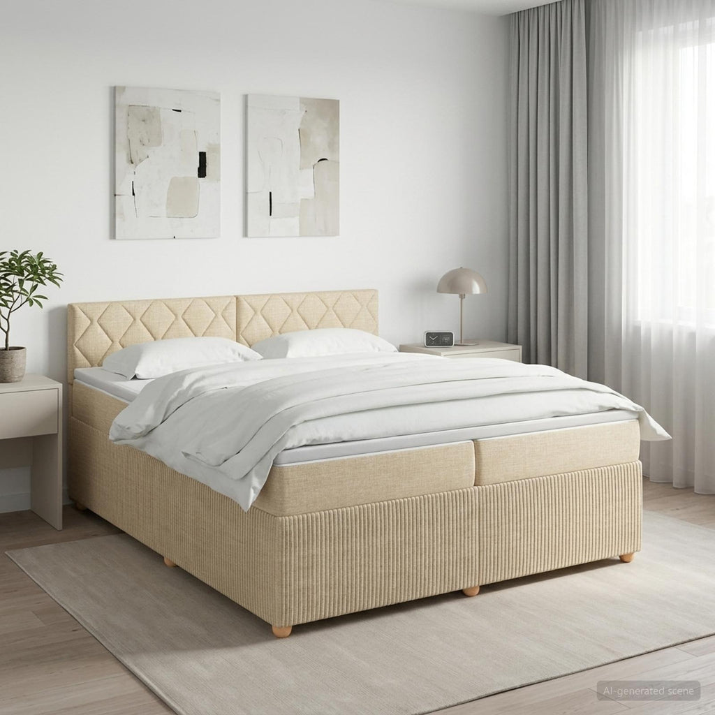 vidaXL Łóżko kontynentalne z materacem kremowy 200 x 200 cm tkanina