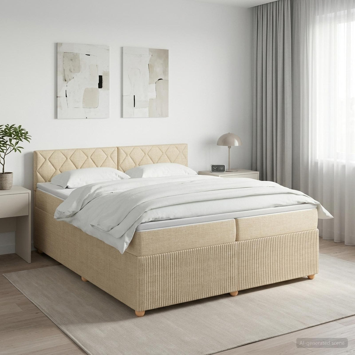 vidaXL Łóżko kontynentalne z materacem kremowy 200 x 200 cm tkanina