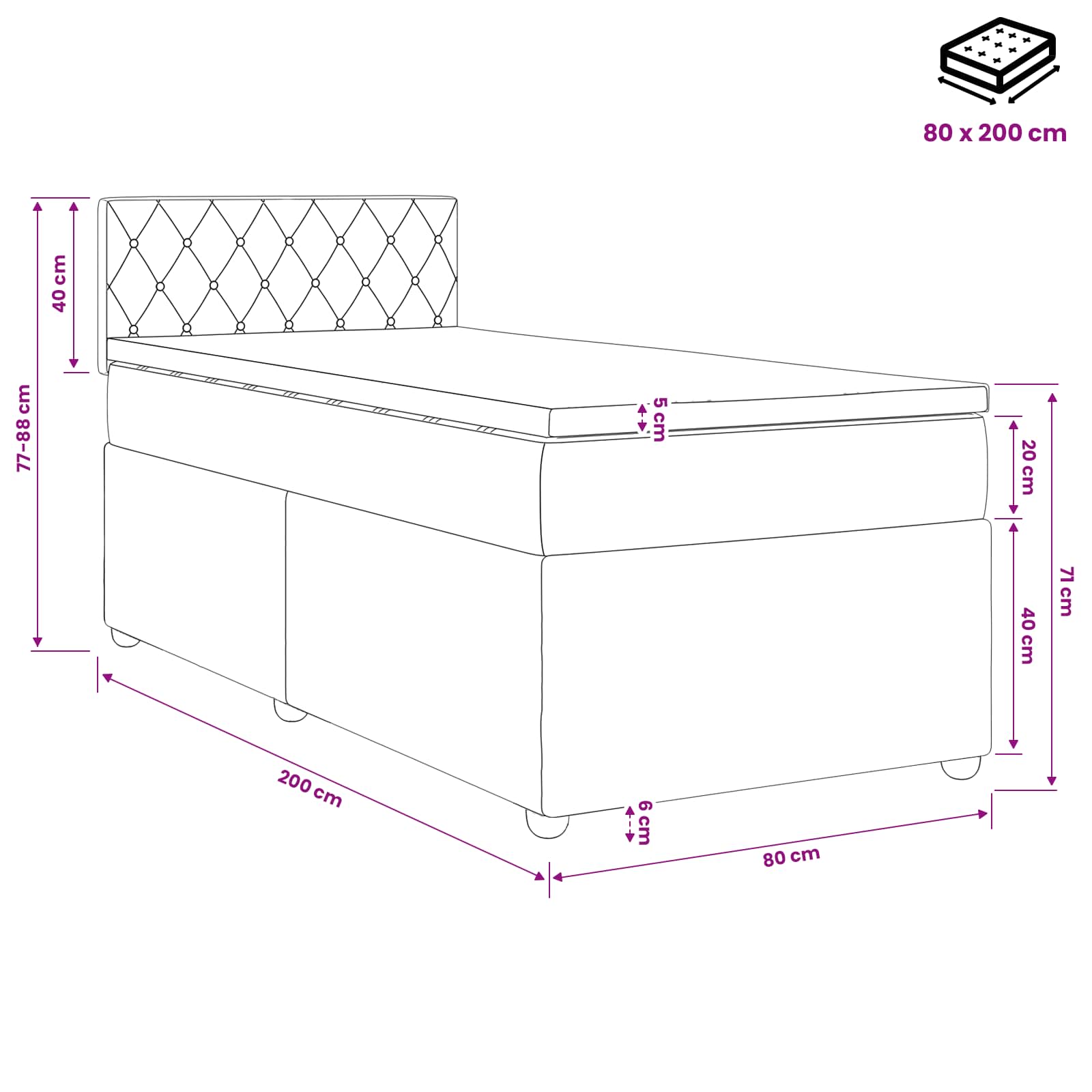 vidaXL Łóżko kontynentalne z materacem Czarny 80 x 200 cm Welur