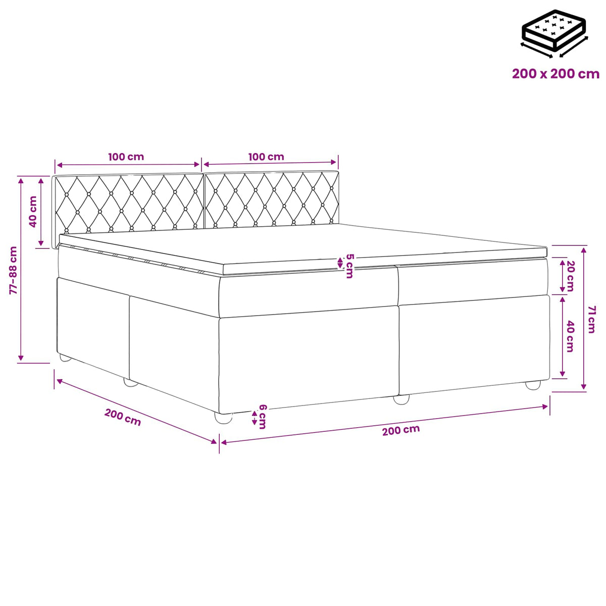 vidaXL Łóżko kontynentalne z materacem ciemnoszary 200 x 200 cm Welur
