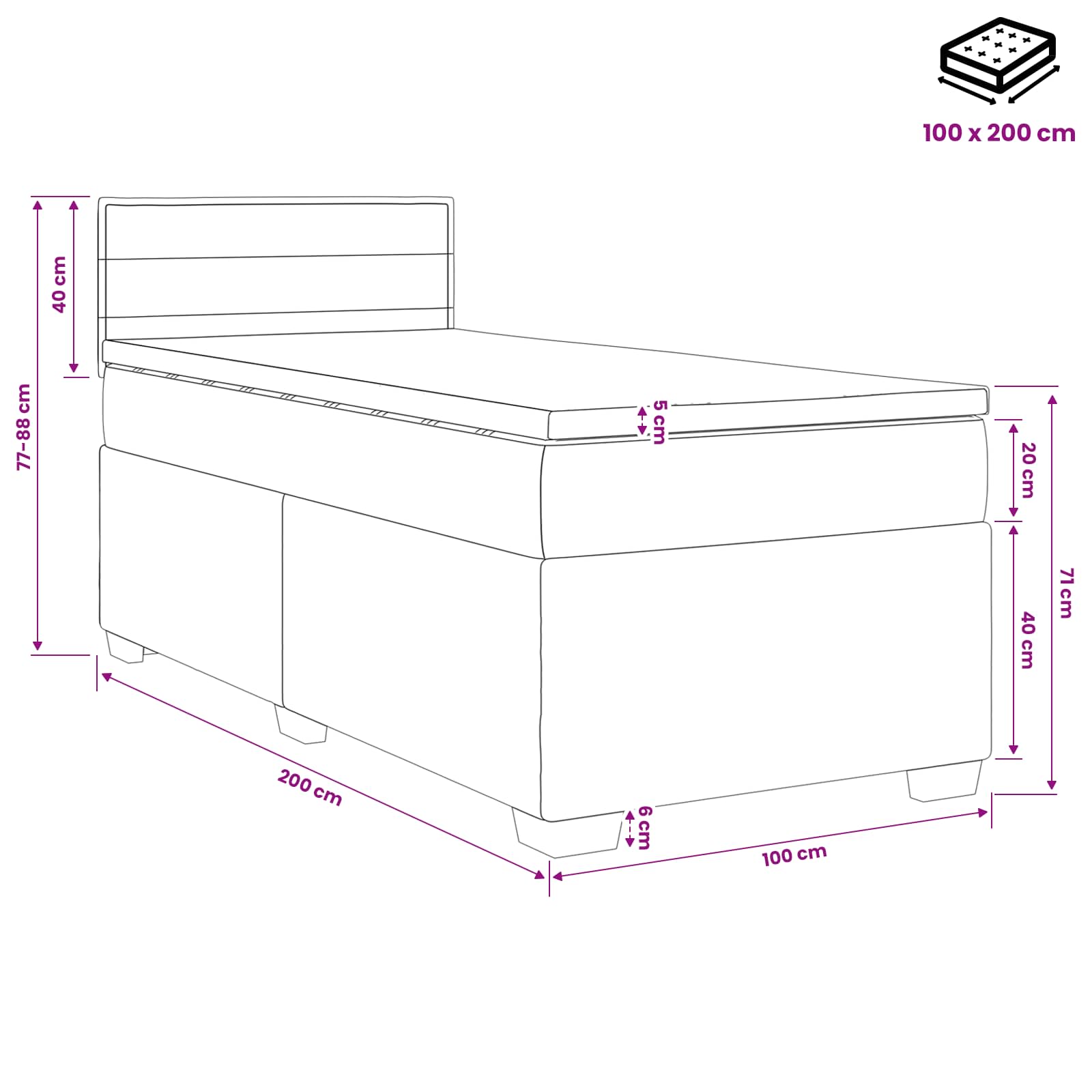 vidaXL Łóżko Box Spring z materacem i LED Czarny 100 x 200 cm tkanina