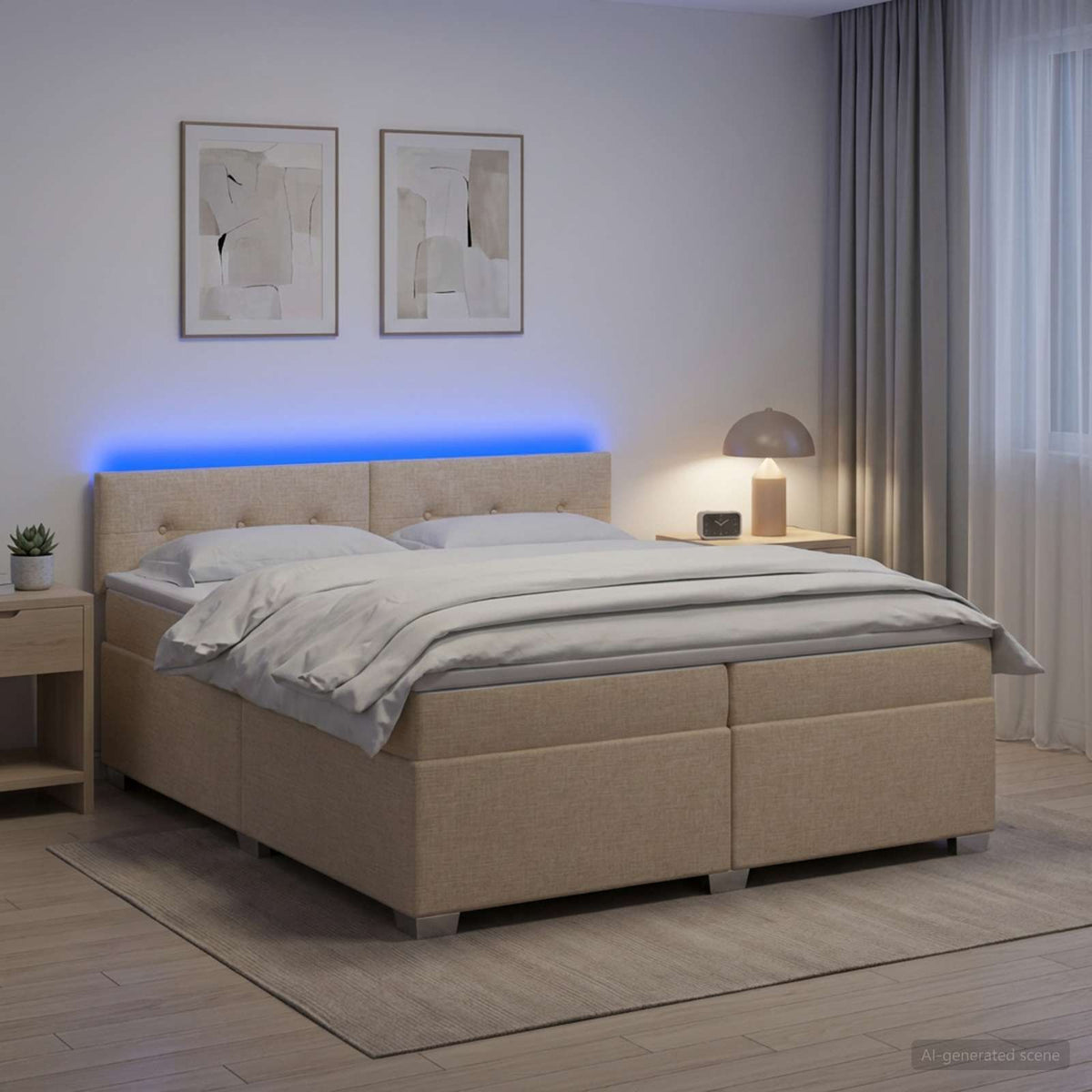 vidaXL Łóżko Box Spring z materacem i LED kremowy 200 x 200 cm tkanina