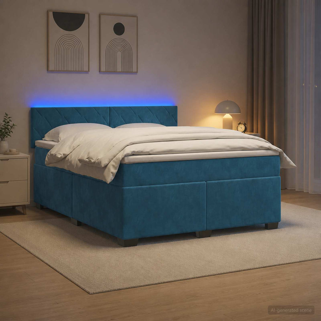 vidaXL Łóżko Box Spring z materacem i LED niebieski 160 x 200 cm Welur