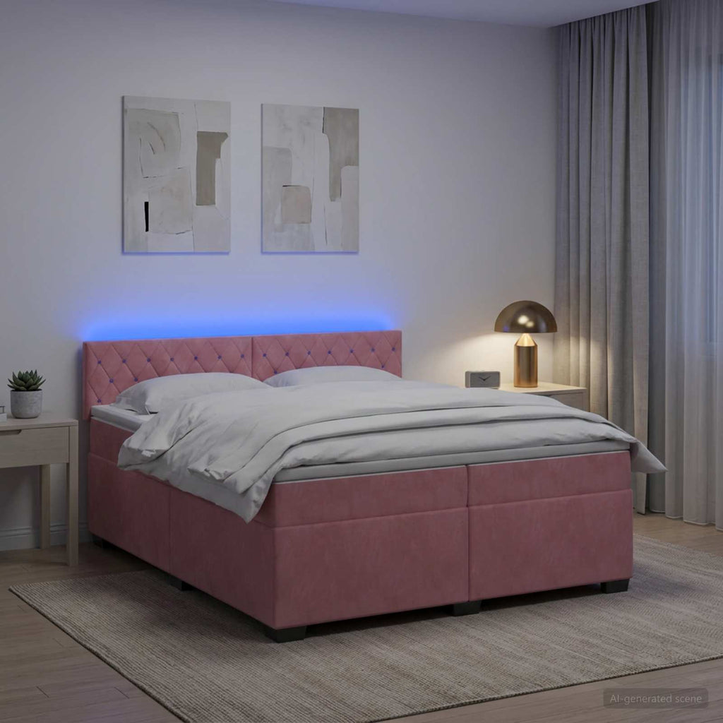 vidaXL Łóżko Box Spring z materacem i LED różowy 200 x 200 cm Welur
