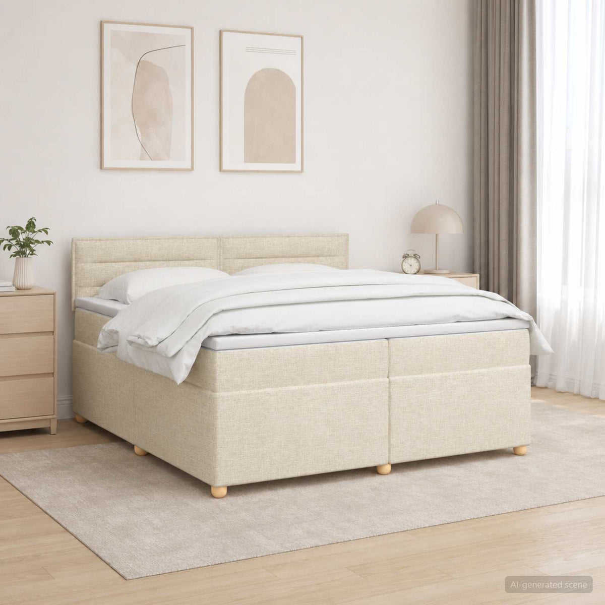 vidaXL Łóżko kontynentalne z materacem kremowy 200 x 200 cm tkanina