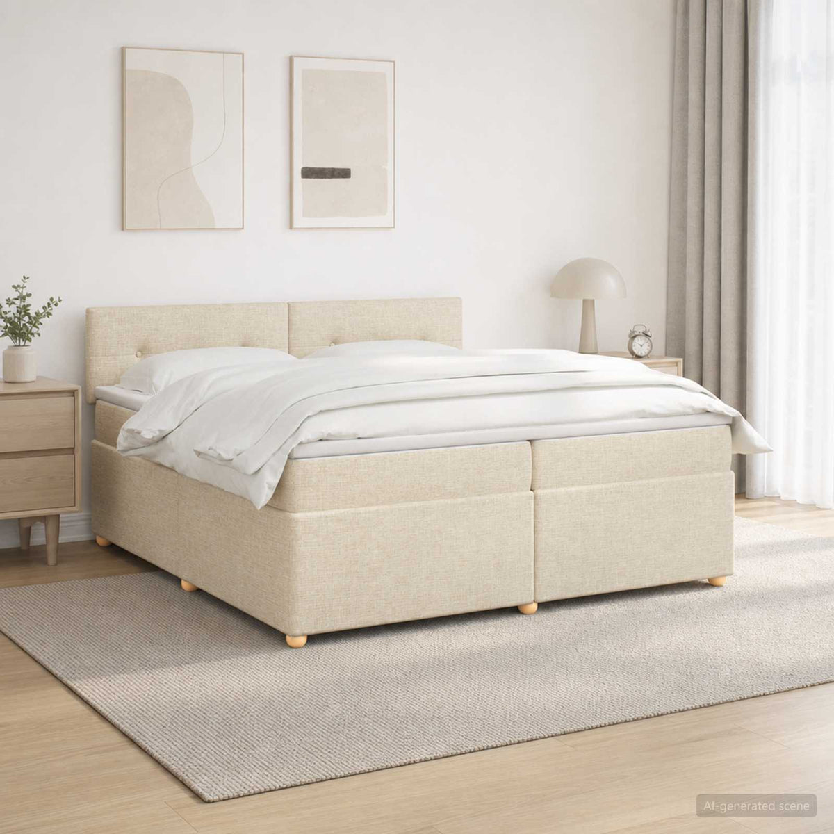 vidaXL Łóżko kontynentalne z materacem kremowy 200 x 200 cm tkanina