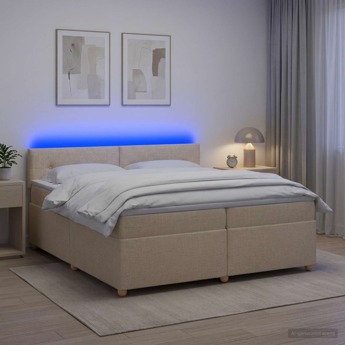 vidaXL Łóżko kontynentalne z materacem kremowy 200 x 200 cm tkanina
