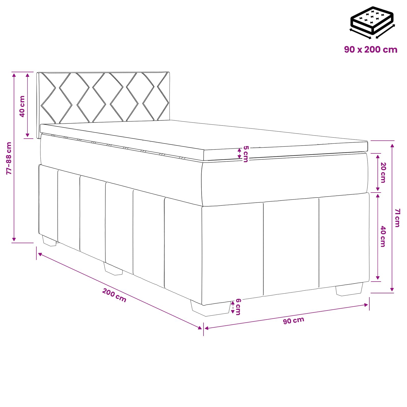 vidaXL Łóżko kontynentalne z materacem Czarny 90 x 200 cm tkanina