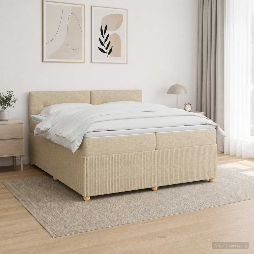 vidaXL Łóżko kontynentalne z materacem kremowy 200 x 200 cm tkanina