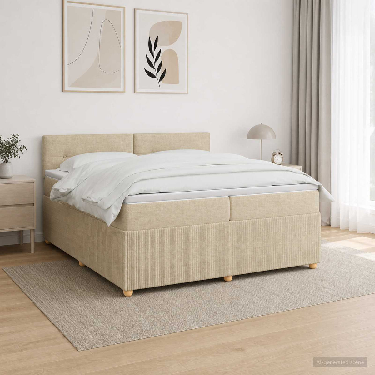 vidaXL Łóżko kontynentalne z materacem kremowy 200 x 200 cm tkanina