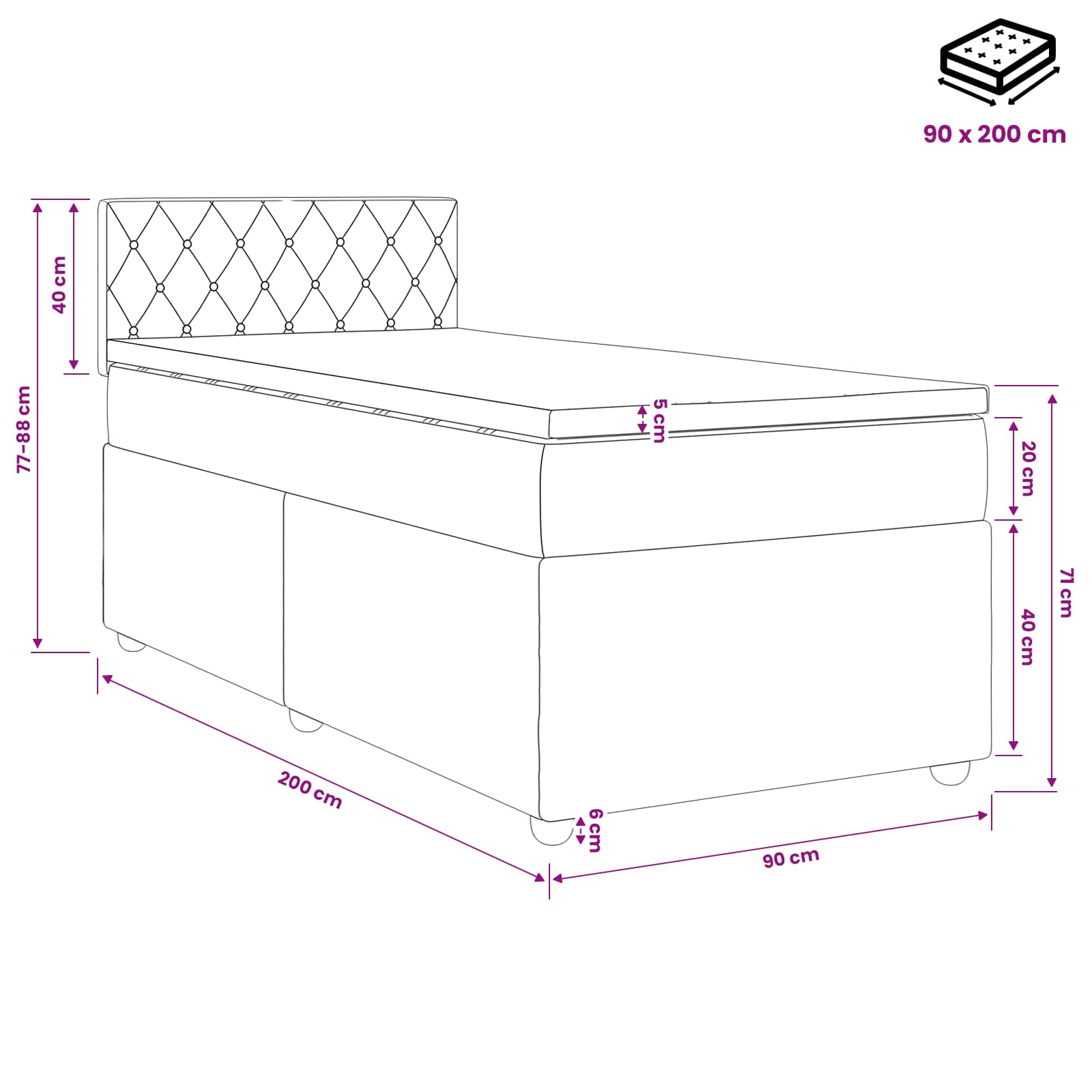 vidaXL Łóżko kontynentalne z materacem Czarny 90 x 200 cm Welur