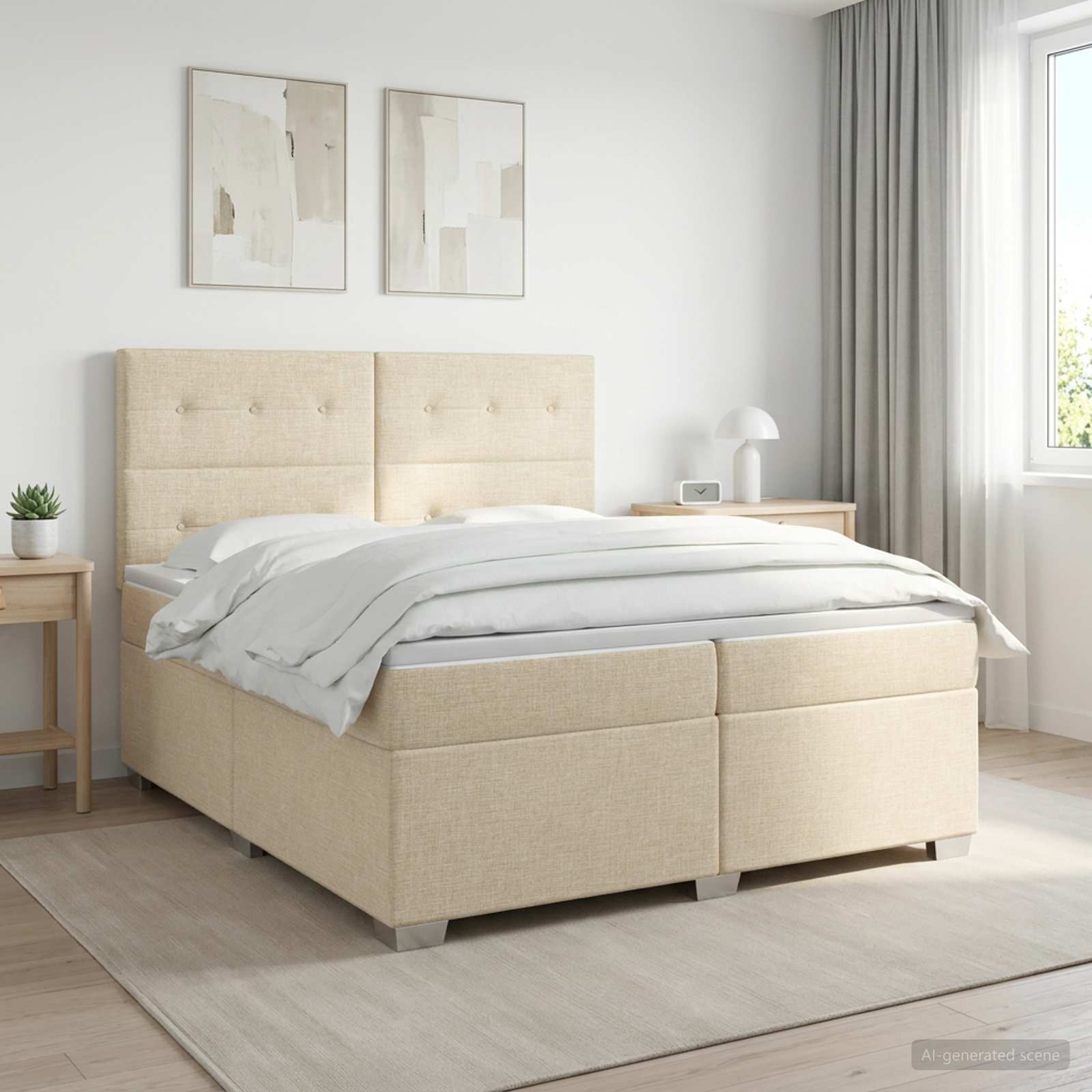 vidaXL Łóżko kontynentalne z materacem kremowy 200 x 200 cm tkanina