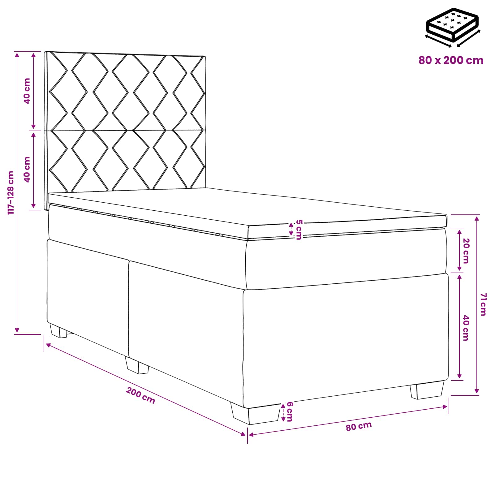 vidaXL Łóżko kontynentalne z materacem Czarny 80 x 200 cm Welur