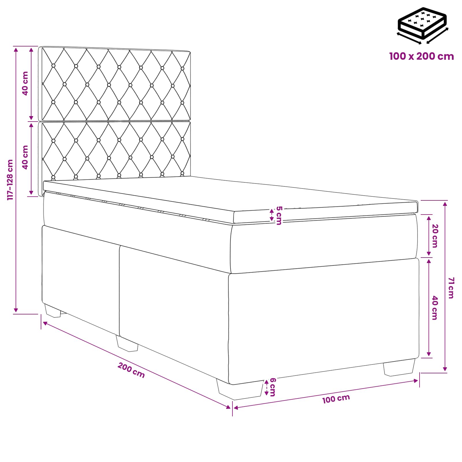 vidaXL Łóżko kontynentalne z materacem Czarny 100 x 200 cm Welur