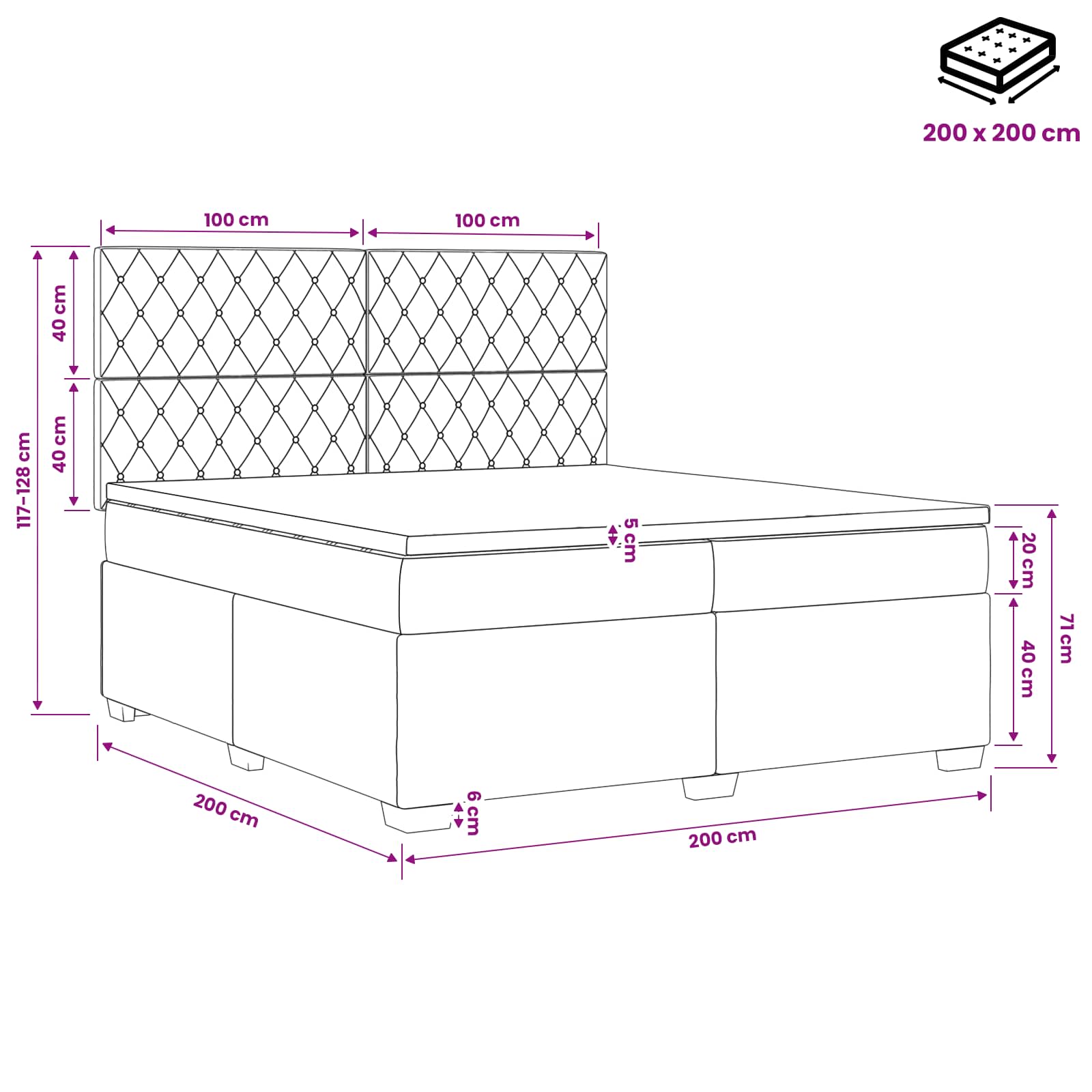 vidaXL Łóżko kontynentalne z materacem ciemnoszary 200 x 200 cm Welur