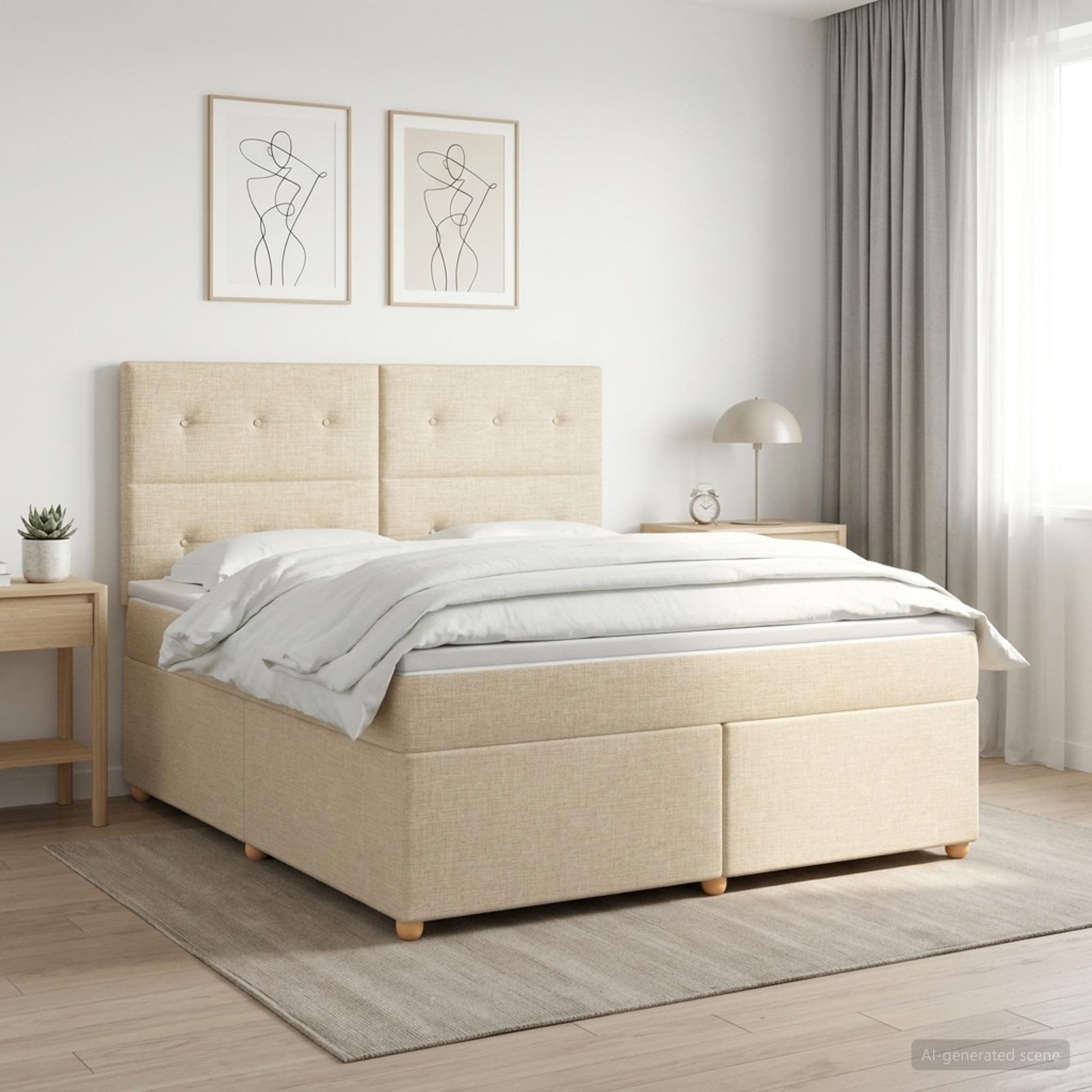 vidaXL Łóżko kontynentalne z materacem kremowy 160 x 200 cm tkanina