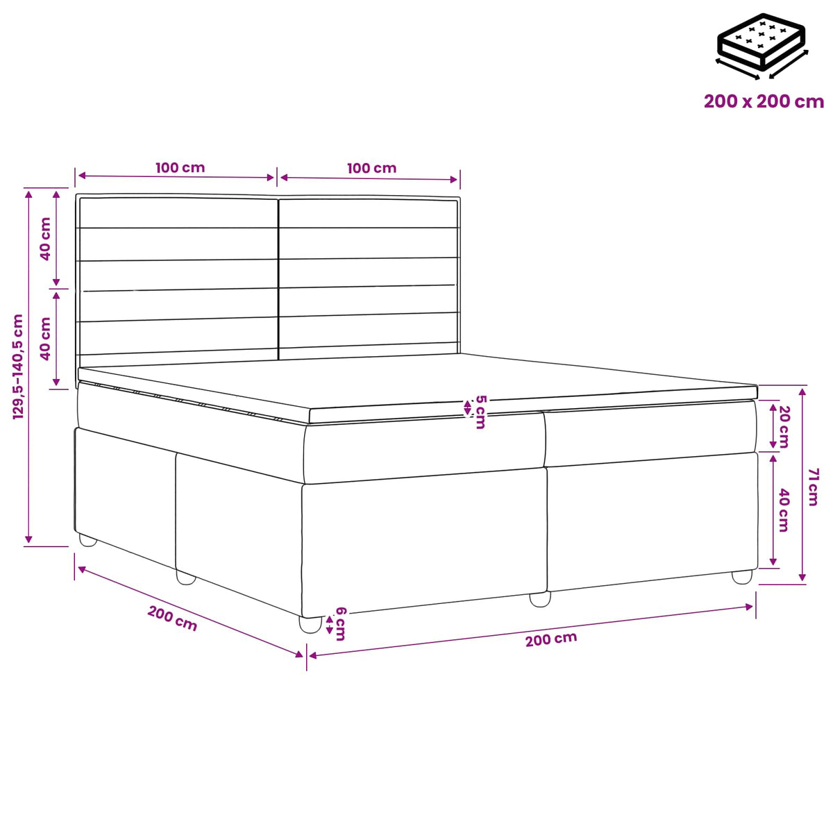 vidaXL Łóżko kontynentalne z materacem Czarny 200 x 200 cm tkanina