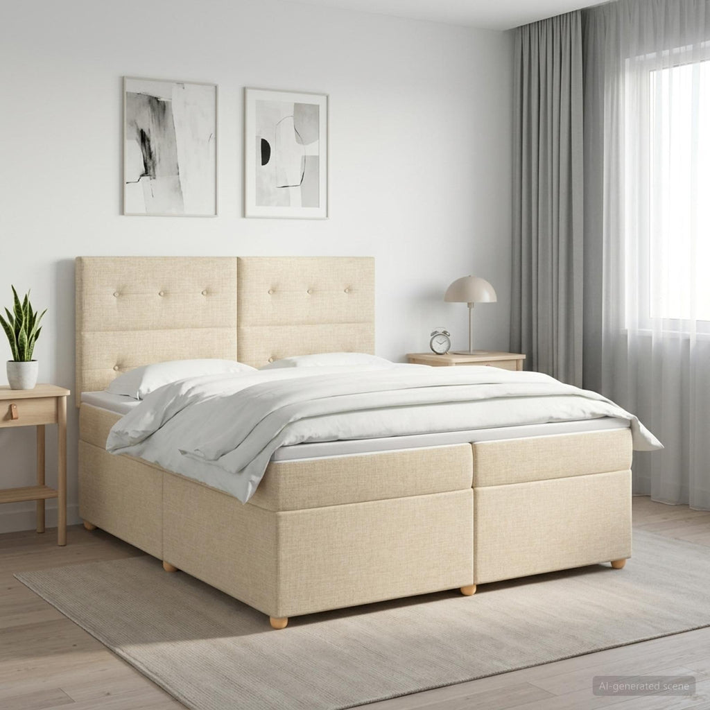 vidaXL Łóżko kontynentalne z materacem kremowy 200 x 200 cm tkanina