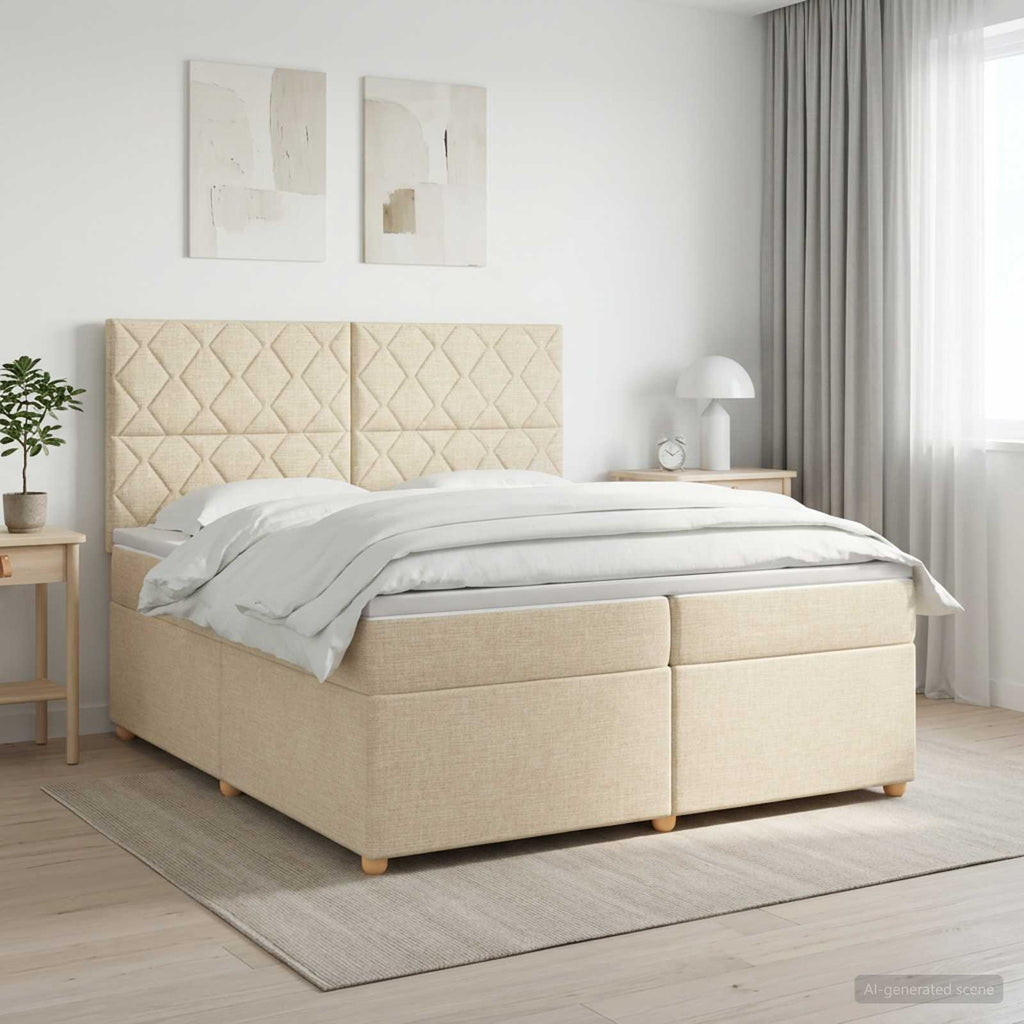 vidaXL Łóżko kontynentalne z materacem kremowy 200 x 200 cm tkanina
