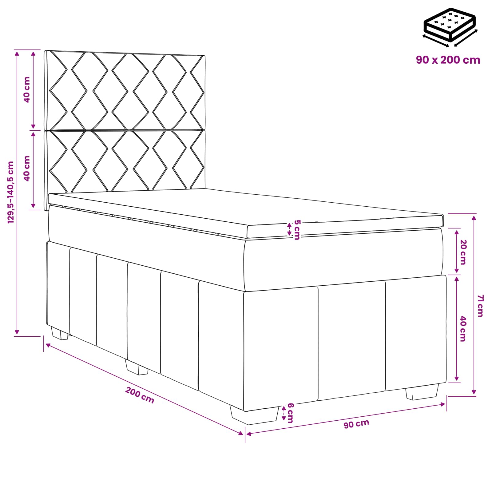 vidaXL Łóżko kontynentalne z materacem Czarny 90 x 200 cm tkanina