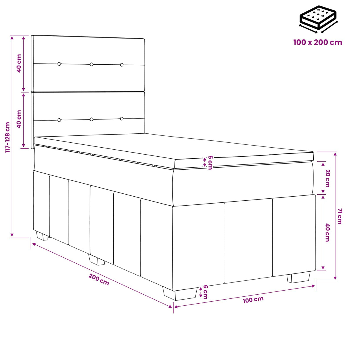 vidaXL Łóżko kontynentalne z materacem Czarny 100 x 200 cm tkanina