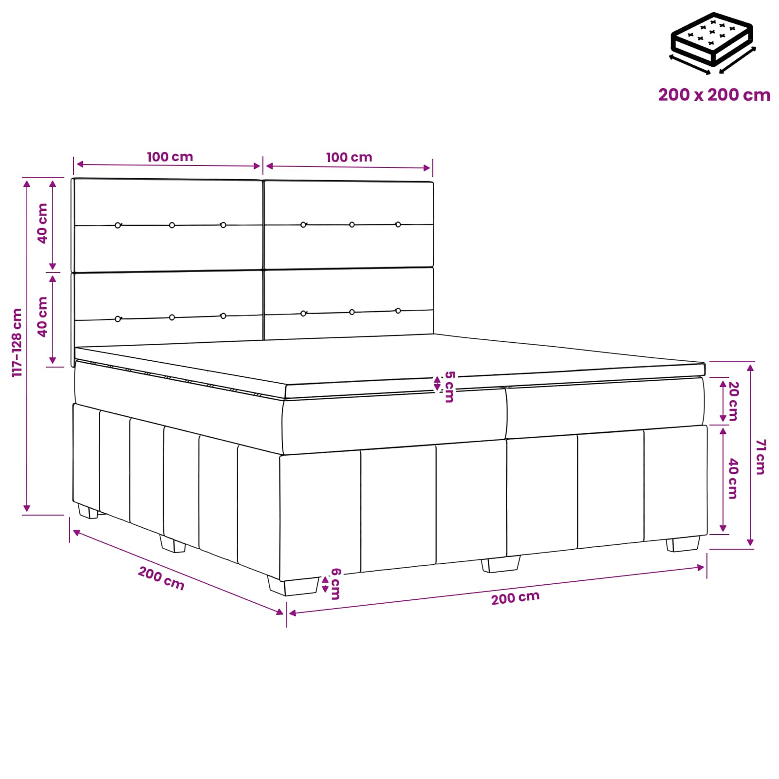 vidaXL Łóżko kontynentalne z materacem Ciemnoszary 200 x 200 cm