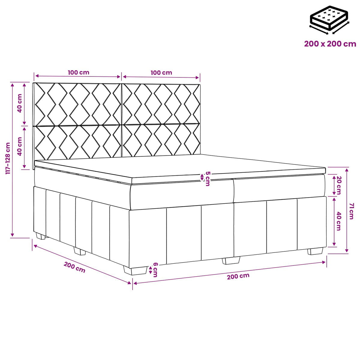 vidaXL Łóżko kontynentalne z materacem Ciemnoszary 200 x 200 cm