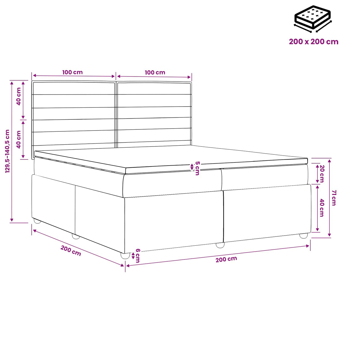 vidaXL Łóżko kontynentalne z materacem niebieski 200 x 200 cm tkanina