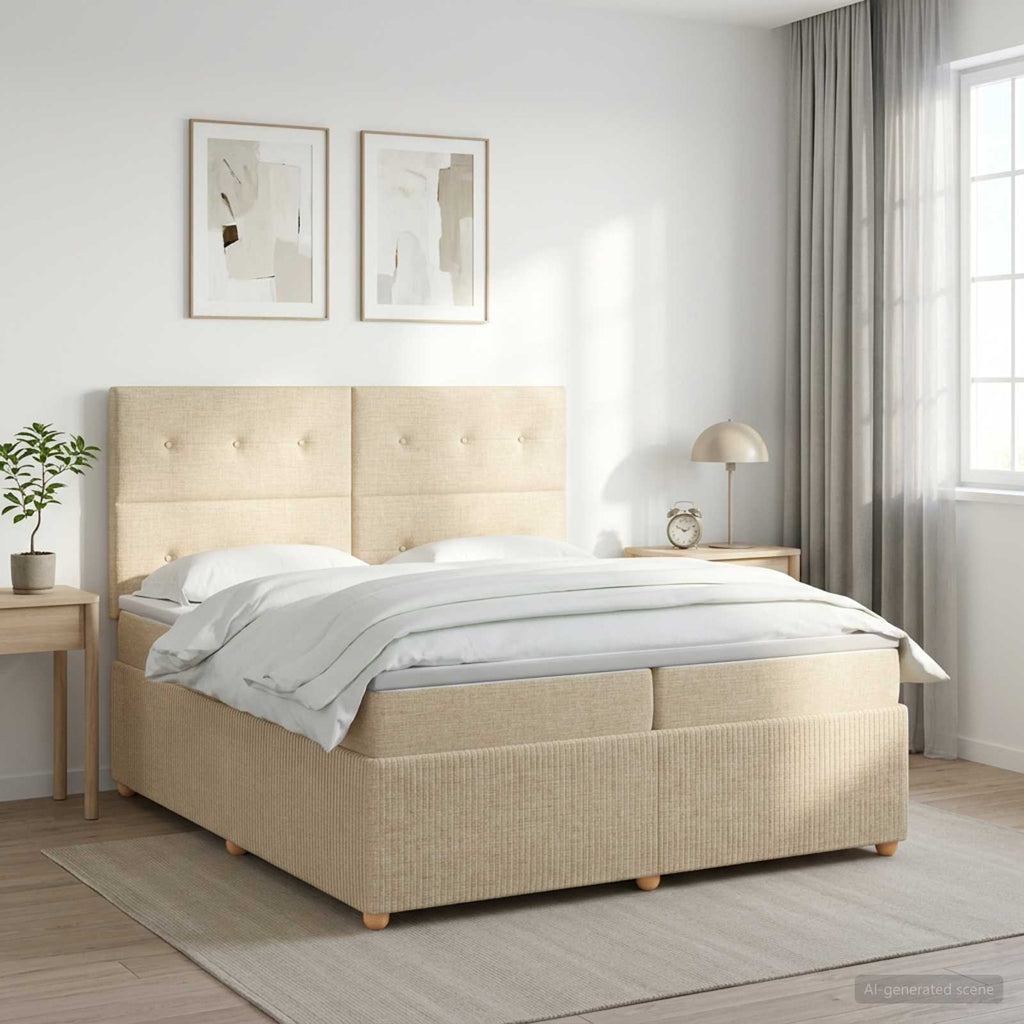 vidaXL Łóżko kontynentalne z materacem kremowy 200 x 200 cm tkanina