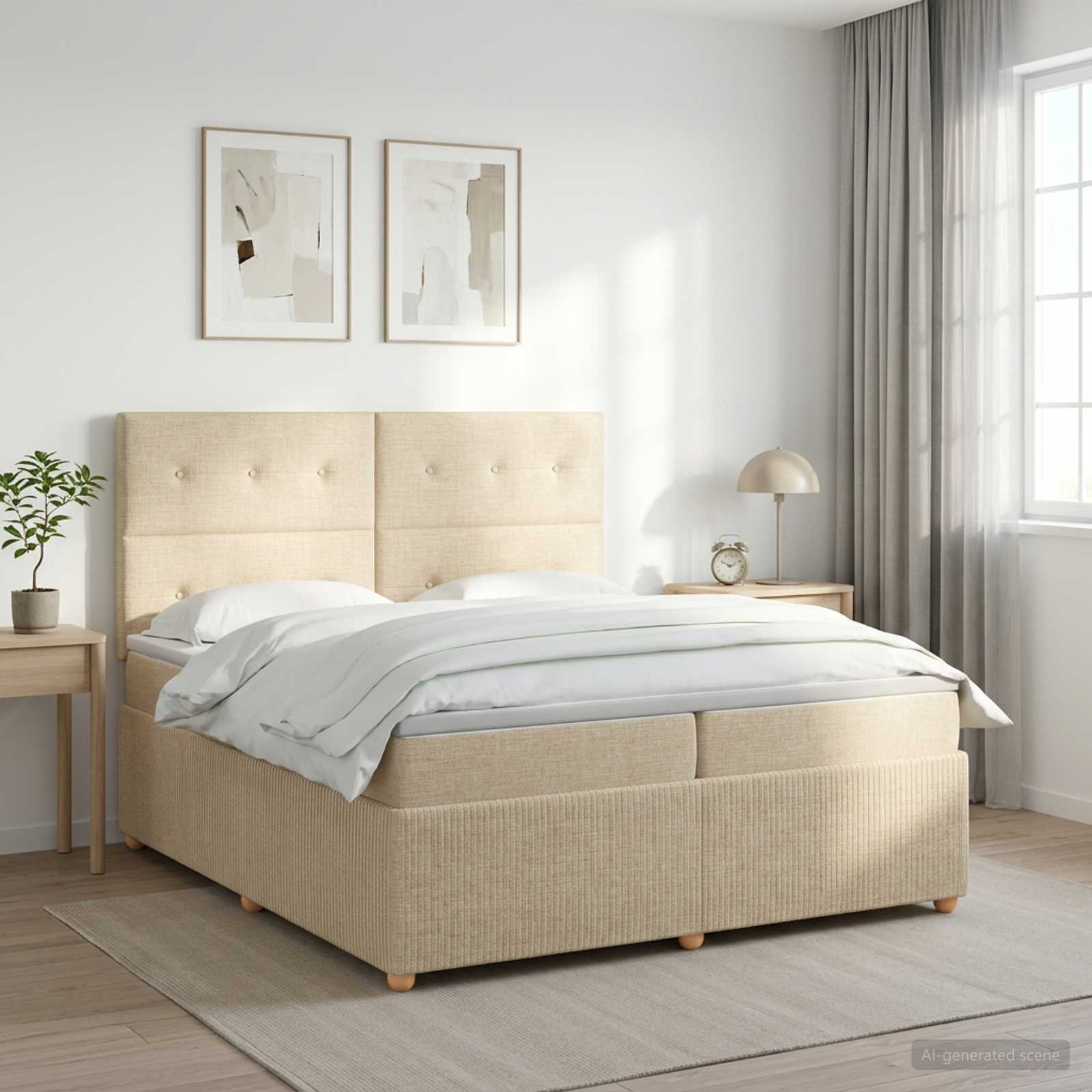 vidaXL Łóżko kontynentalne z materacem kremowy 200 x 200 cm tkanina