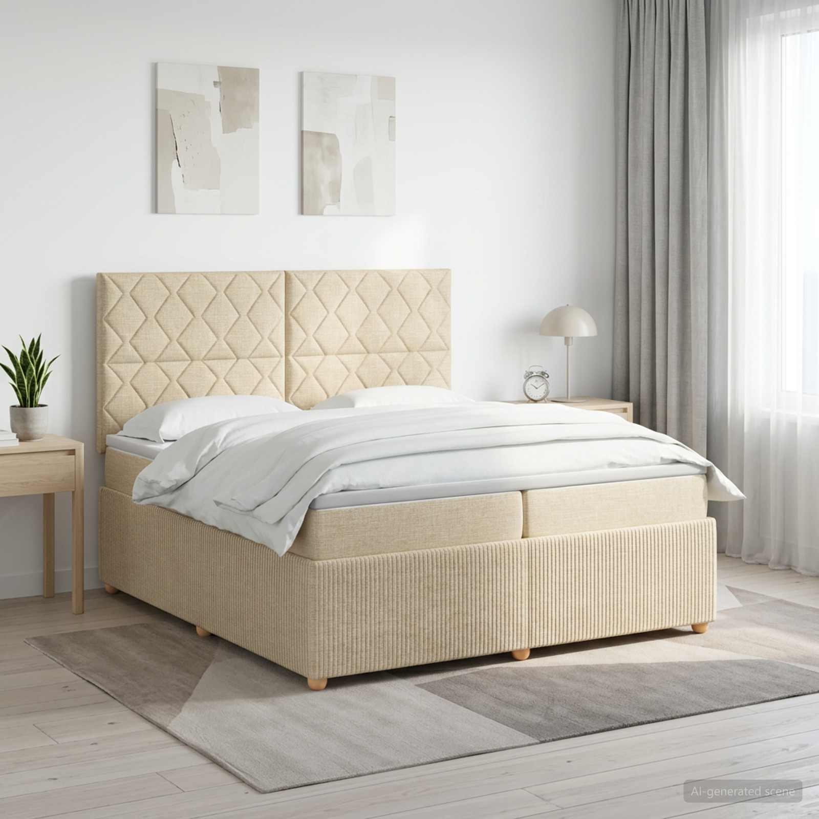 vidaXL Łóżko kontynentalne z materacem kremowy 200 x 200 cm tkanina