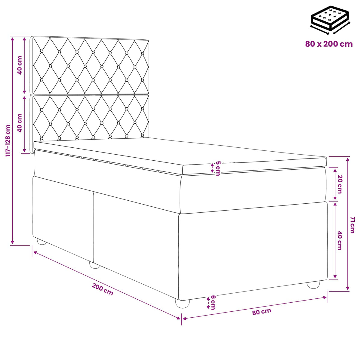 vidaXL Łóżko kontynentalne z materacem Czarny 80 x 200 cm Welur