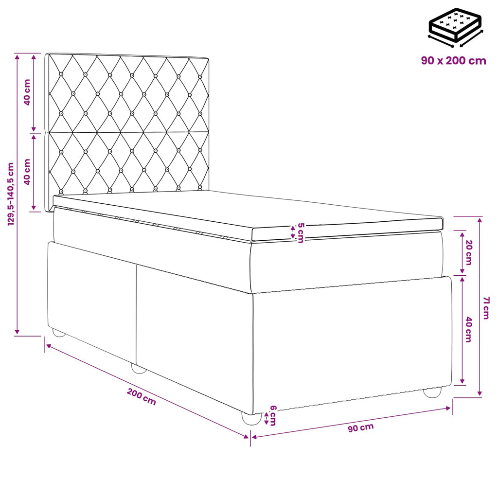 vidaXL Łóżko kontynentalne z materacem Czarny 90 x 200 cm Welur
