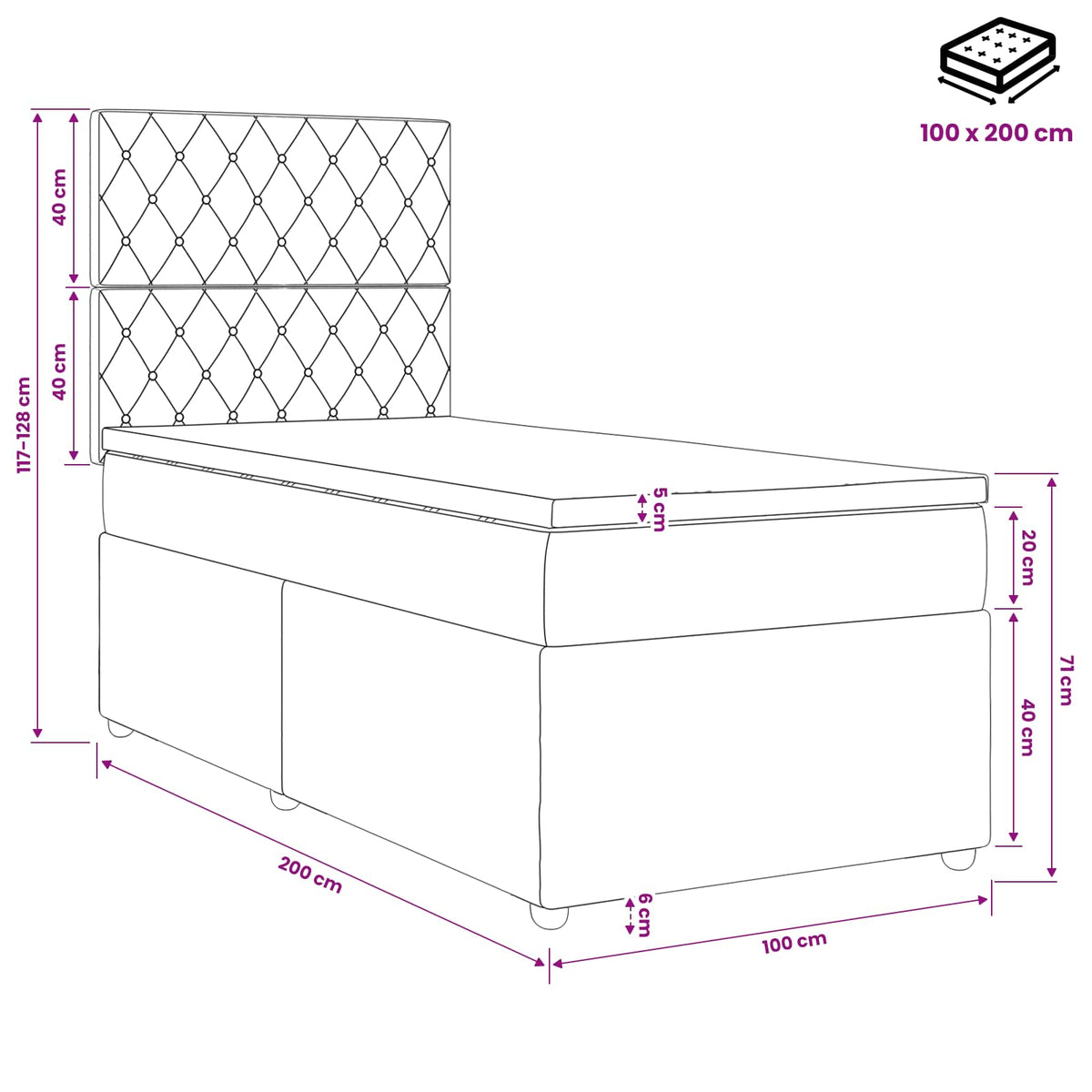 vidaXL Łóżko kontynentalne z materacem Czarny 100 x 200 cm Welur