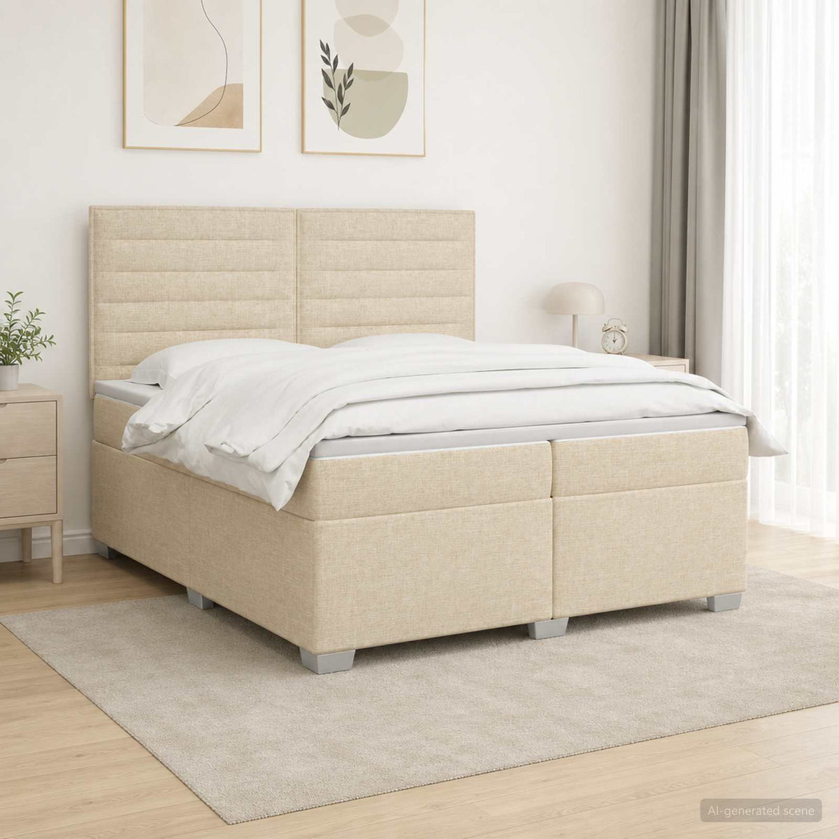 vidaXL Łóżko kontynentalne z materacem kremowy 200 x 200 cm tkanina