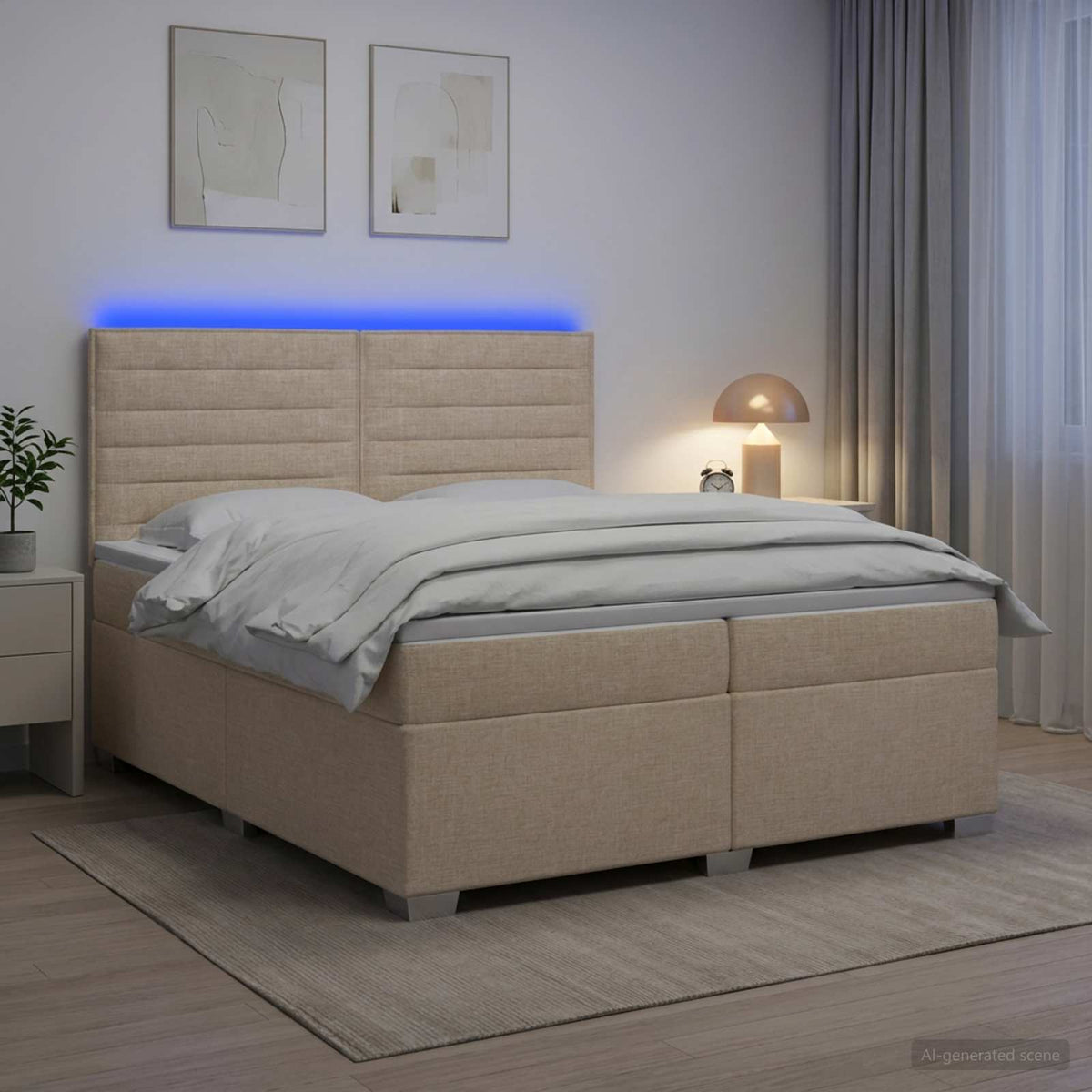 vidaXL Łóżko kontynentalne z materacem kremowy 200 x 200 cm tkanina