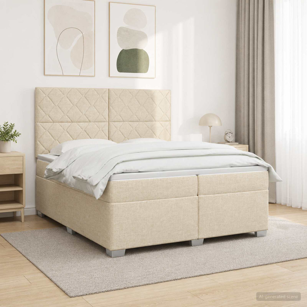vidaXL Łóżko kontynentalne z materacem kremowy 200 x 200 cm tkanina