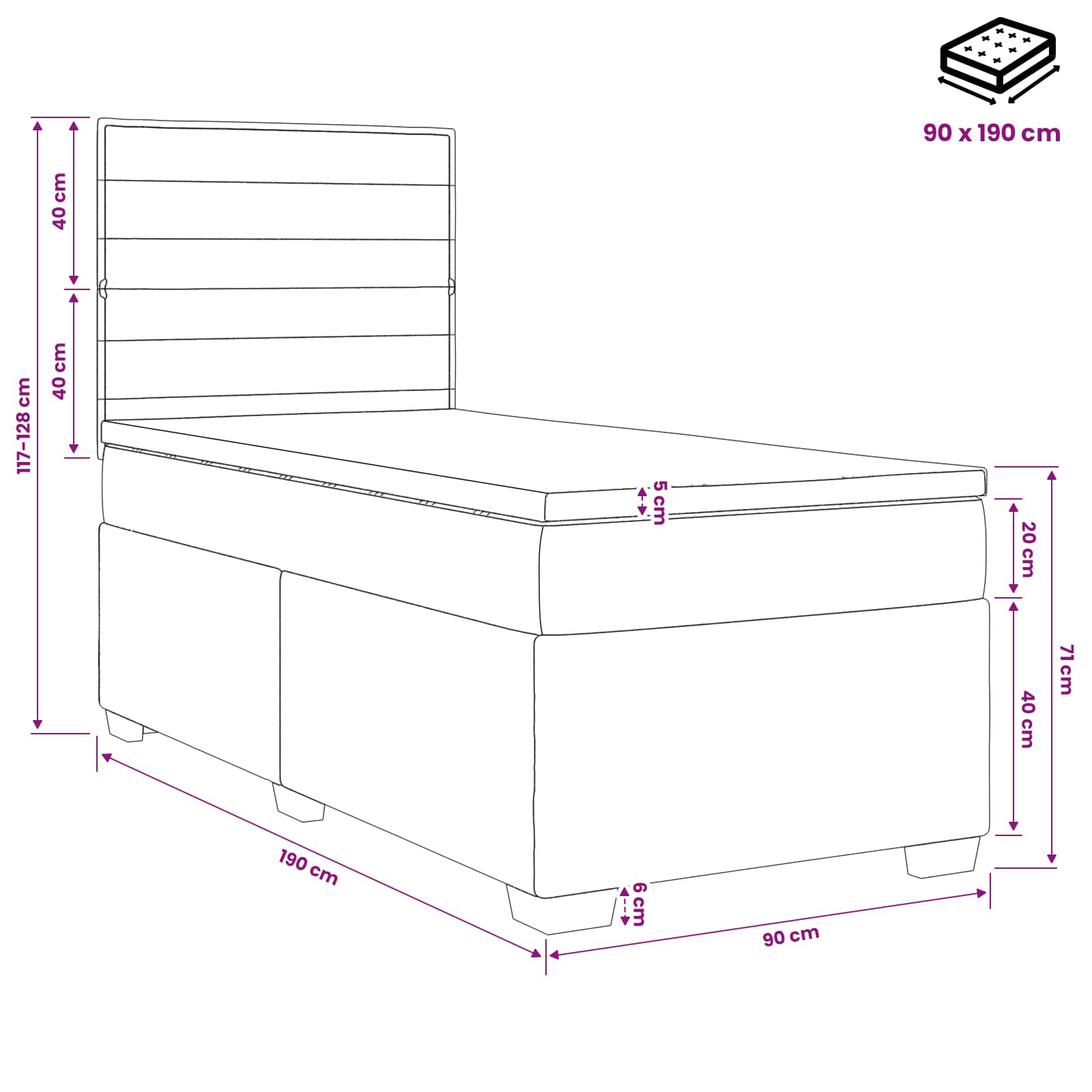 vidaXL Łóżko Box Spring z materacem i LED ciemnoszary 90 x 190 cm