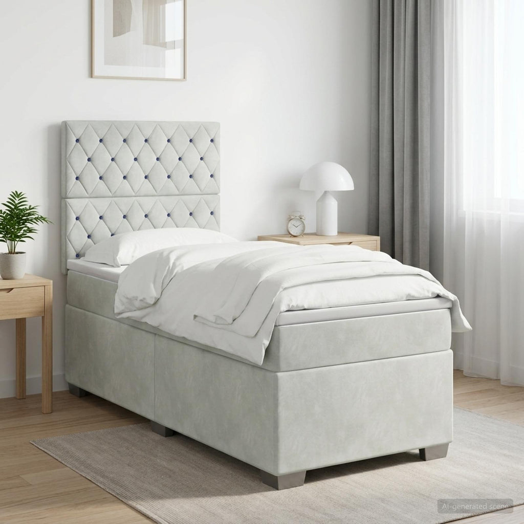 vidaXL Łóżko Box Spring z materacem i LED jasnoszary 90 x 190 cm Welur
