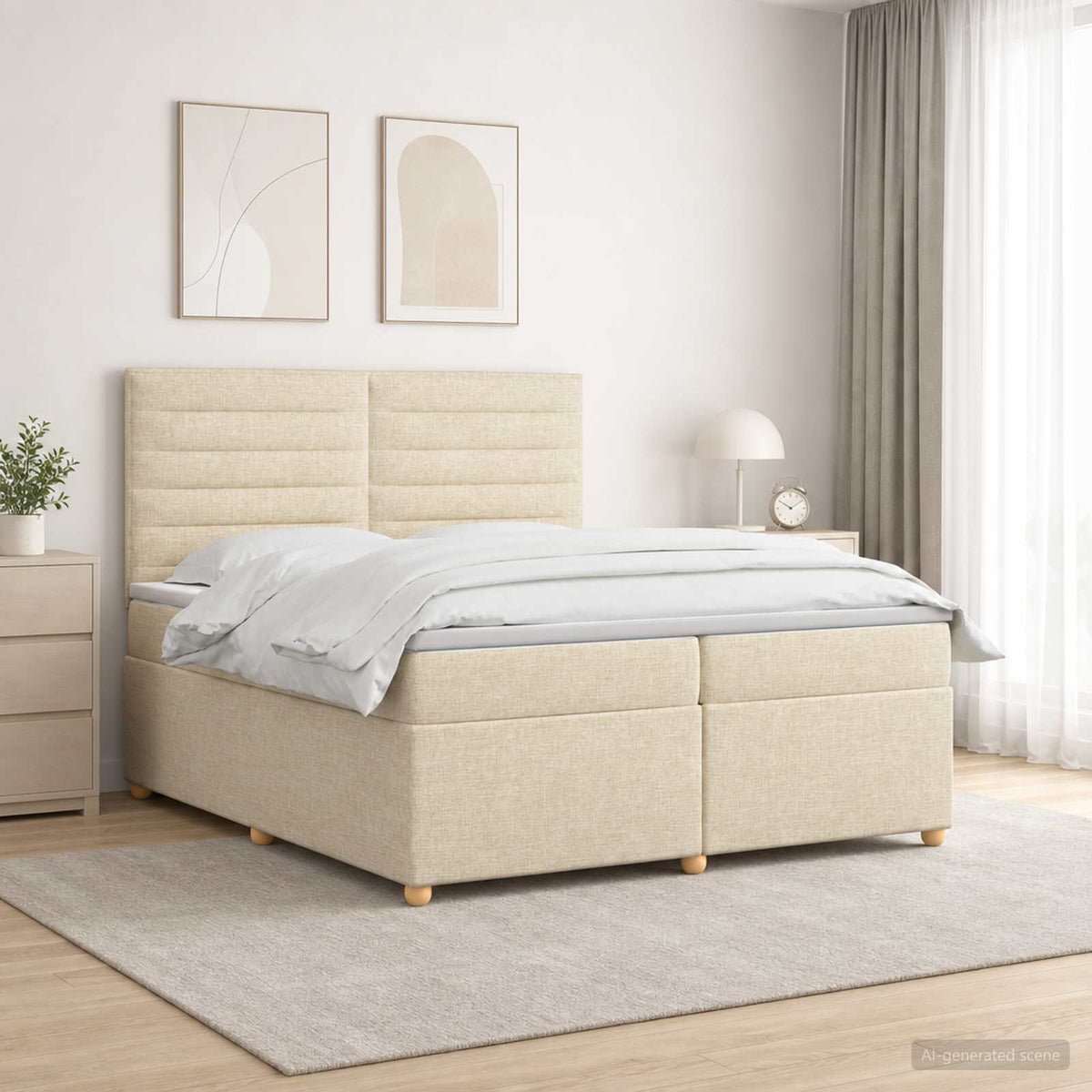 vidaXL Łóżko kontynentalne z materacem kremowy 200 x 200 cm tkanina