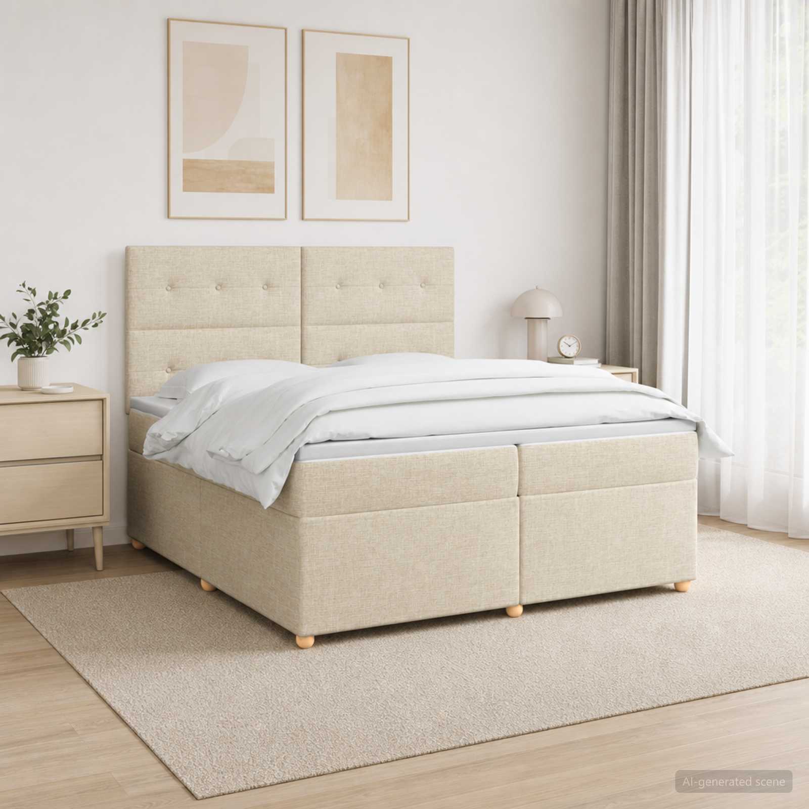 vidaXL Łóżko kontynentalne z materacem kremowy 200 x 200 cm tkanina