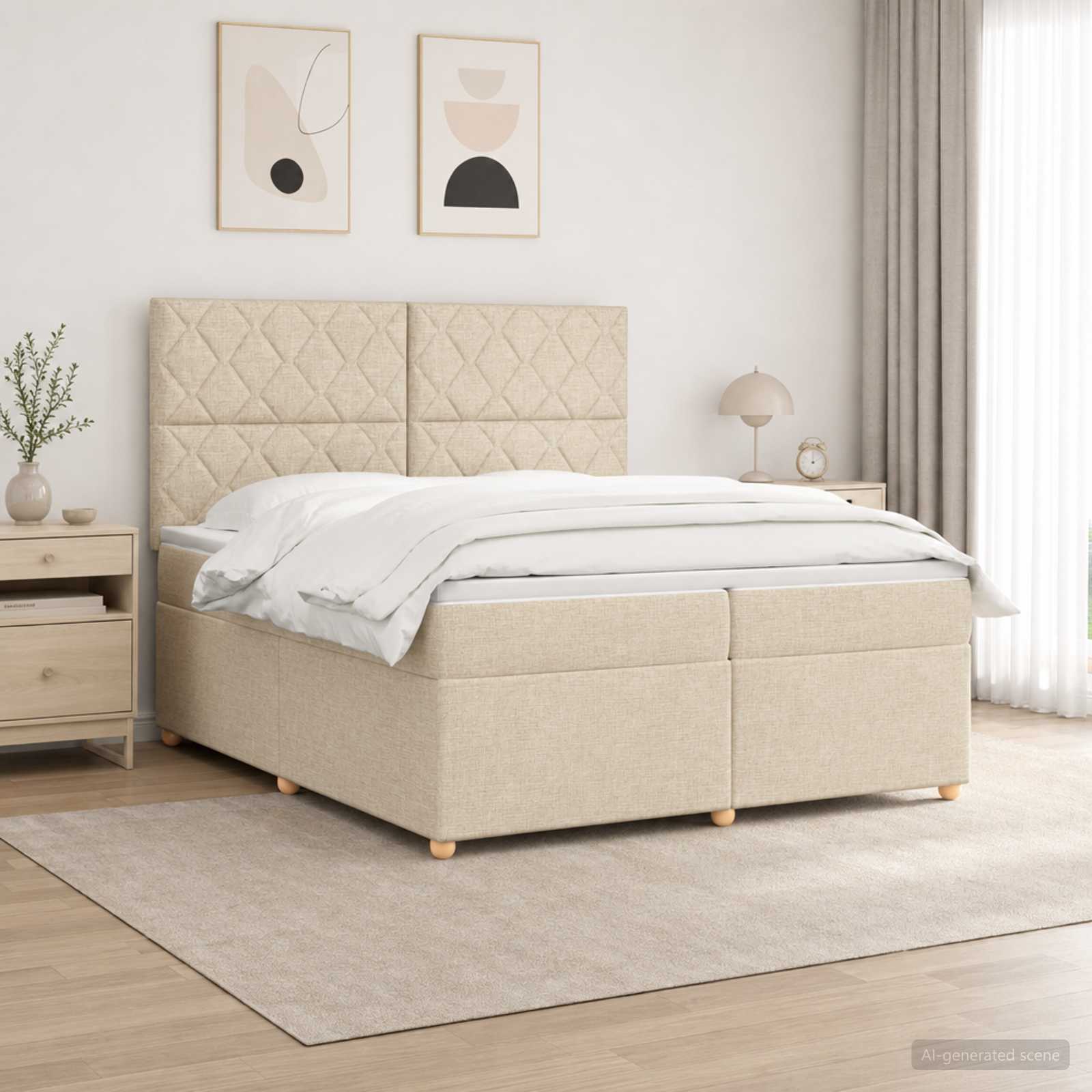 vidaXL Łóżko kontynentalne z materacem kremowy 200 x 200 cm tkanina
