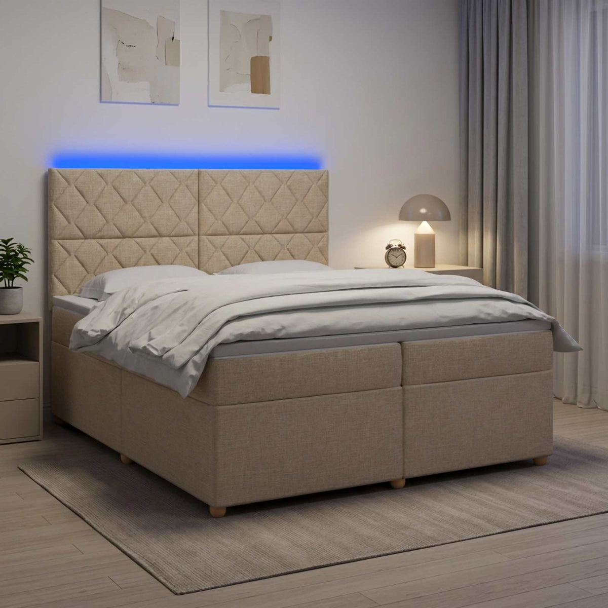vidaXL Łóżko kontynentalne z materacem kremowy 200 x 200 cm tkanina