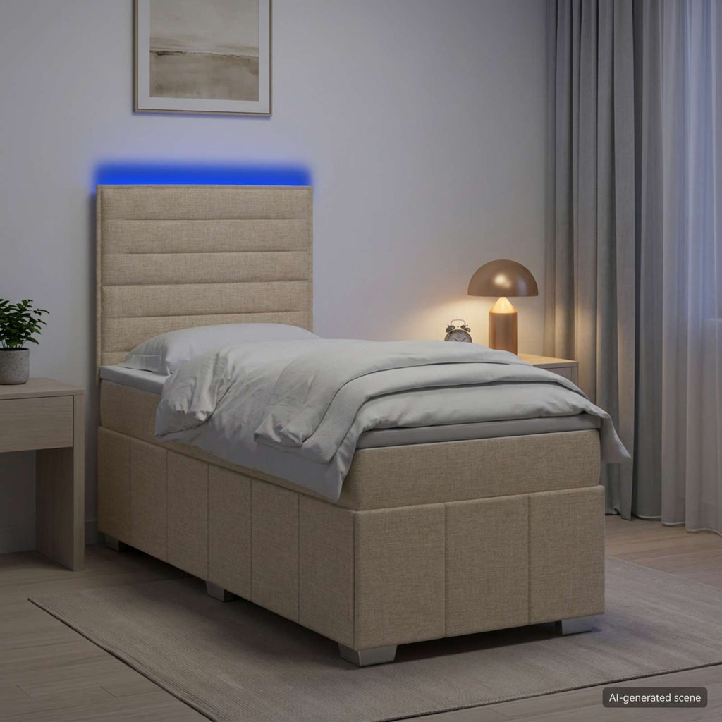 vidaXL Łóżko z box spring LED z materacem kremowy 90 x 200 cm tkanina