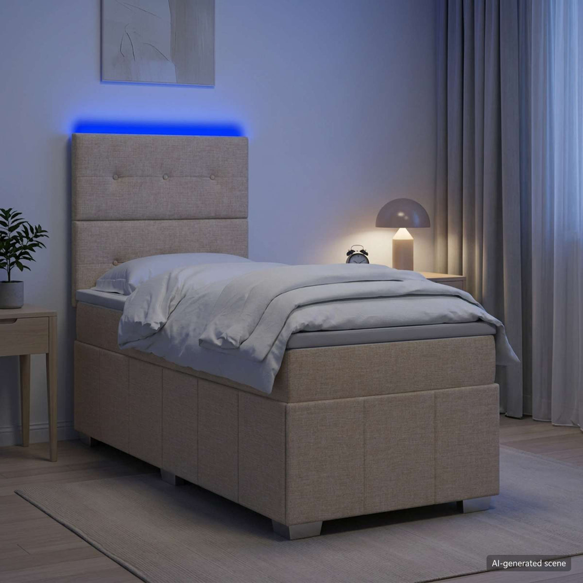 vidaXL Łóżko z box spring LED z materacem kremowy 100 x 200 cm tkanina
